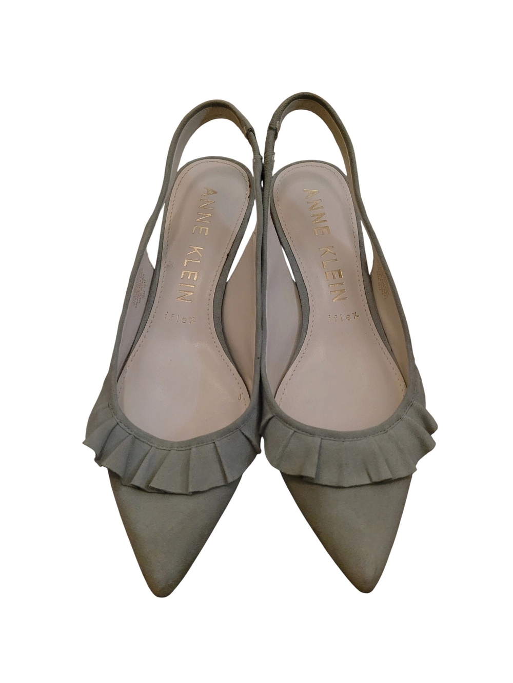 Anne Klein Taupe Ruffle Pointed Toe Slingback Flats